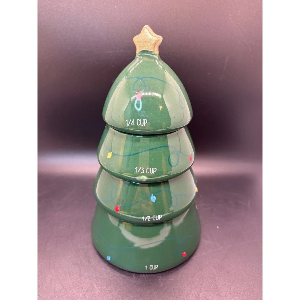 Christmas Tree Ceramic Nesting Measuring‎ Cup Set 4 Piece Green Holiday Decor